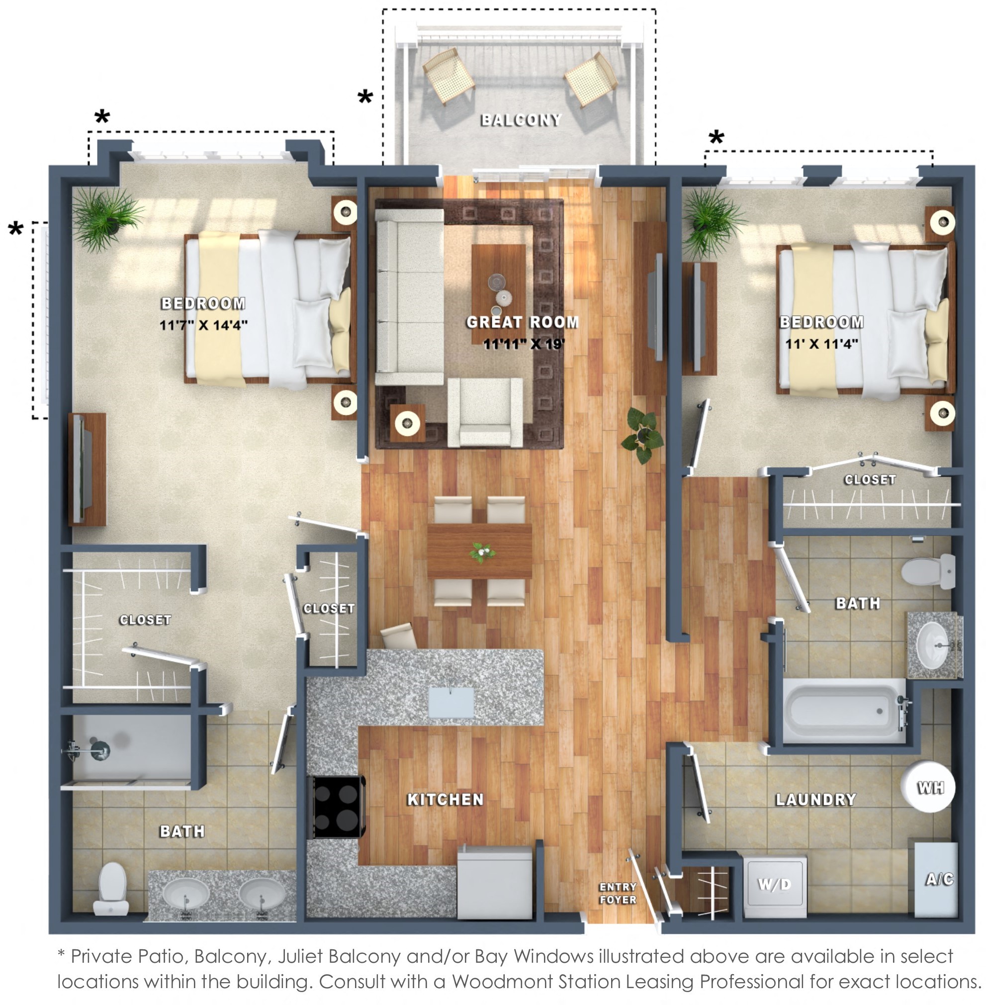 Floor plan for 2 beds, 2 baths, 1080 sqft